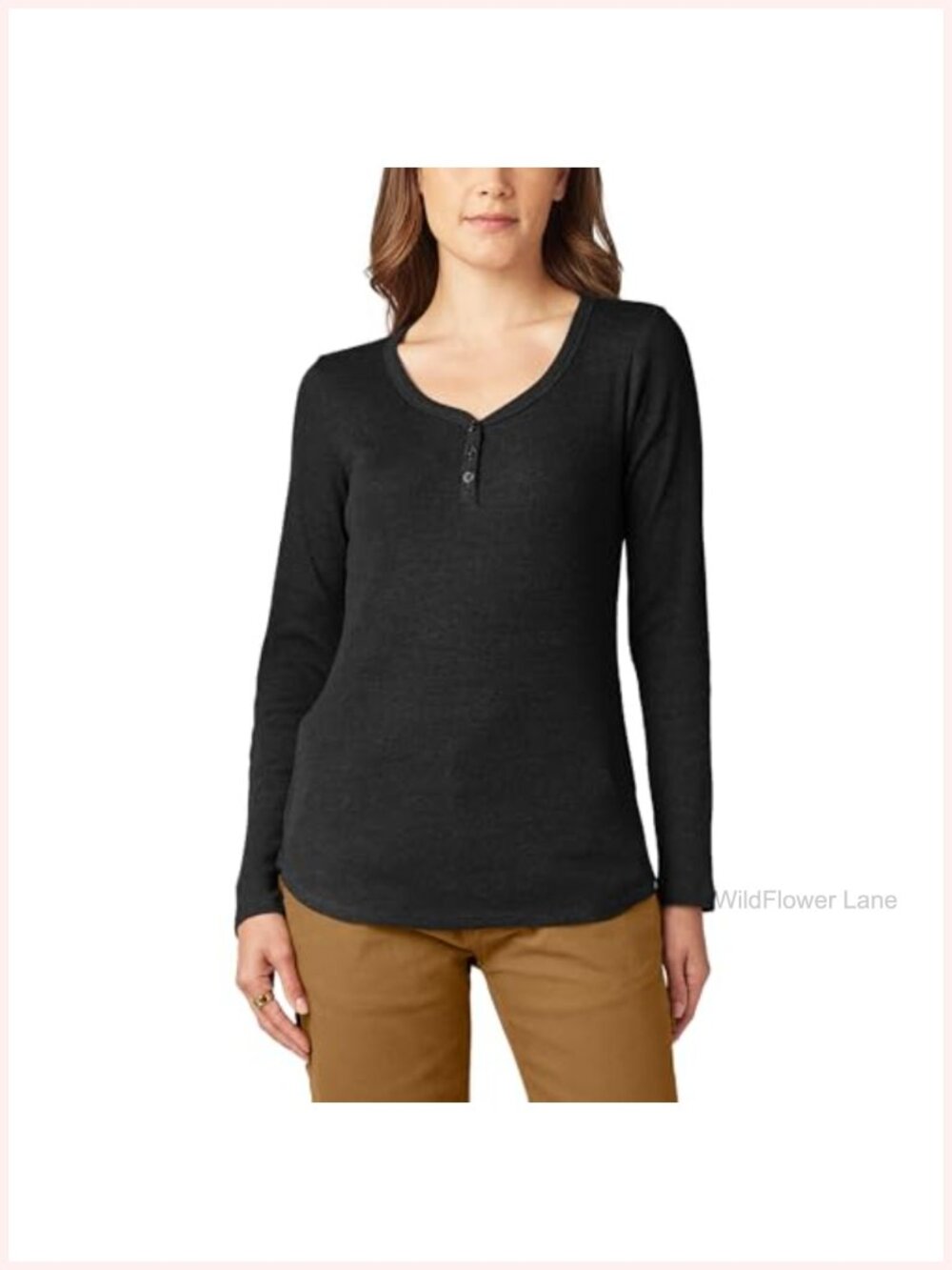 Dickies Women's Long Sleeve 3-Button Henley Shirt Rib Knit Top